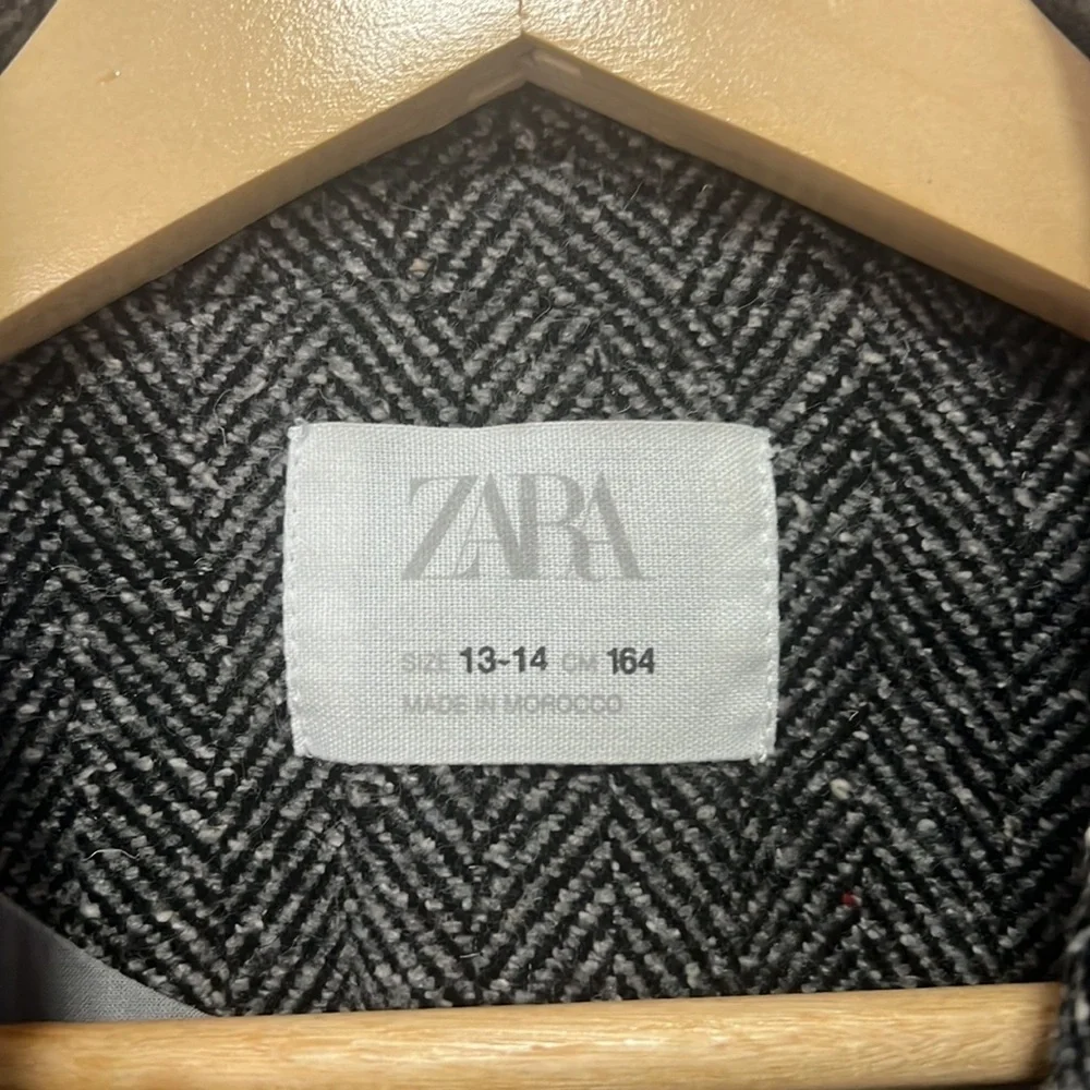 Zara Gray Herringbone Wool Blend Girls Long Coat with pockets size 13-14 164cm
